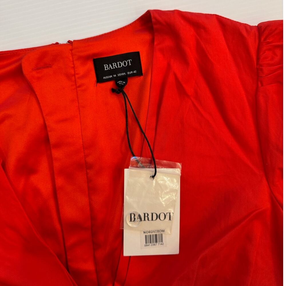 Bardot The Amie Red Ruched Mini Dress Puff Sleeve Ruffle Hem NWT L 10 Cotton - Picture 4 of 16